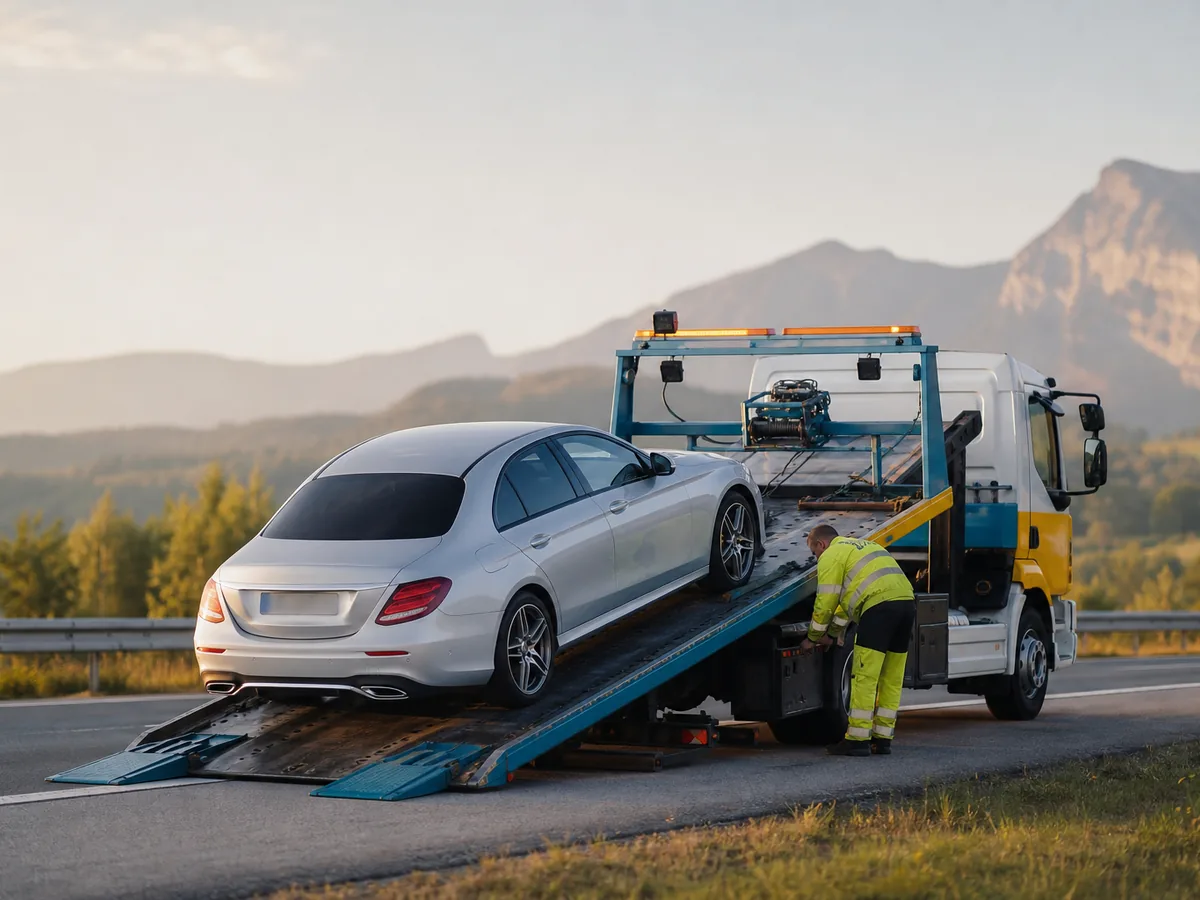 Abschleppwagen auf der Autobahn A40 bei Valserhône im Pays de Gex
