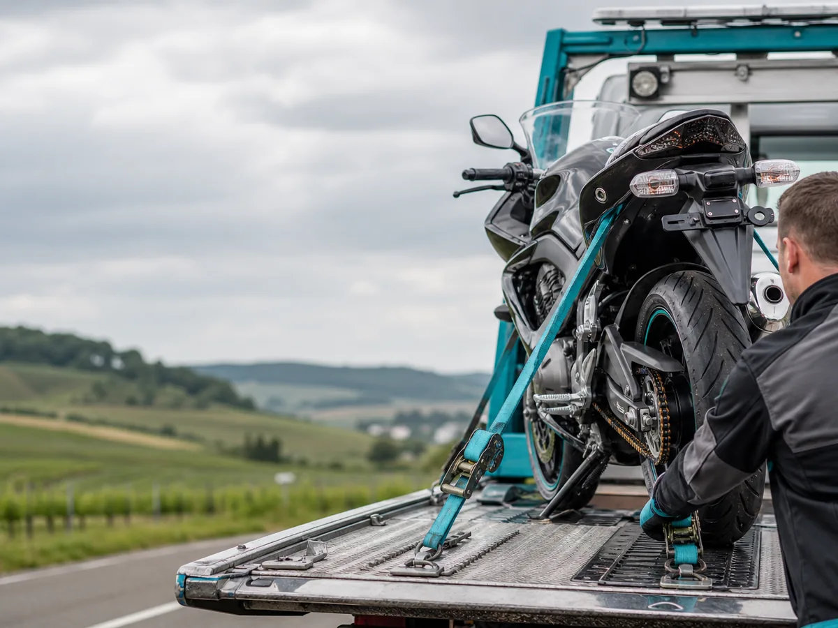 Motorradtransport auf gesichertem Tieflader im Département Ain (01)